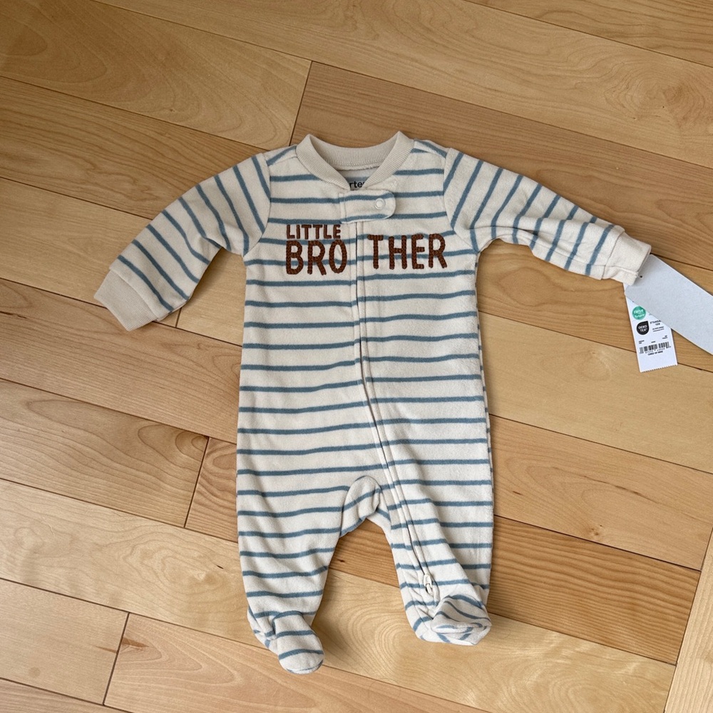 Carters Fleece 'Little Brother' Blue & Cream Baby One-Piece